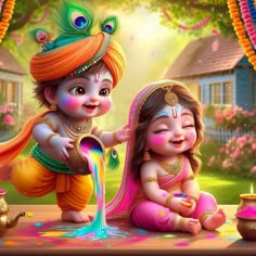 cute little radha krishna holi images